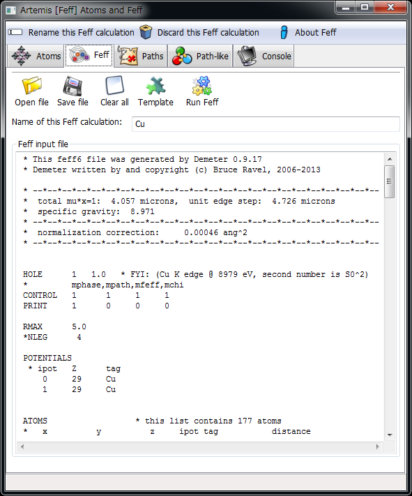 Atoms が生成した FEFF の入力ファイル